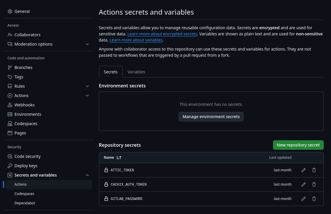 actions secrets and variables page in github repository settings