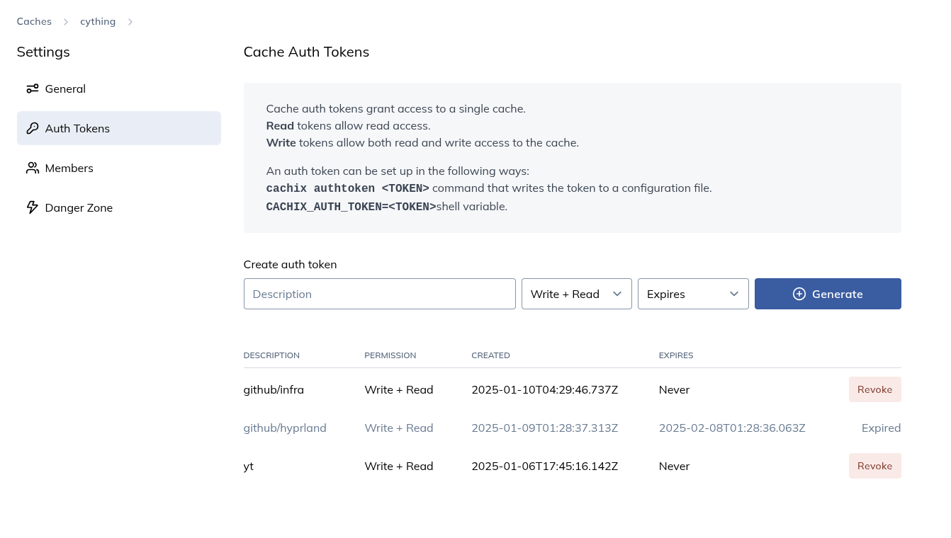 cachix auth token settings page