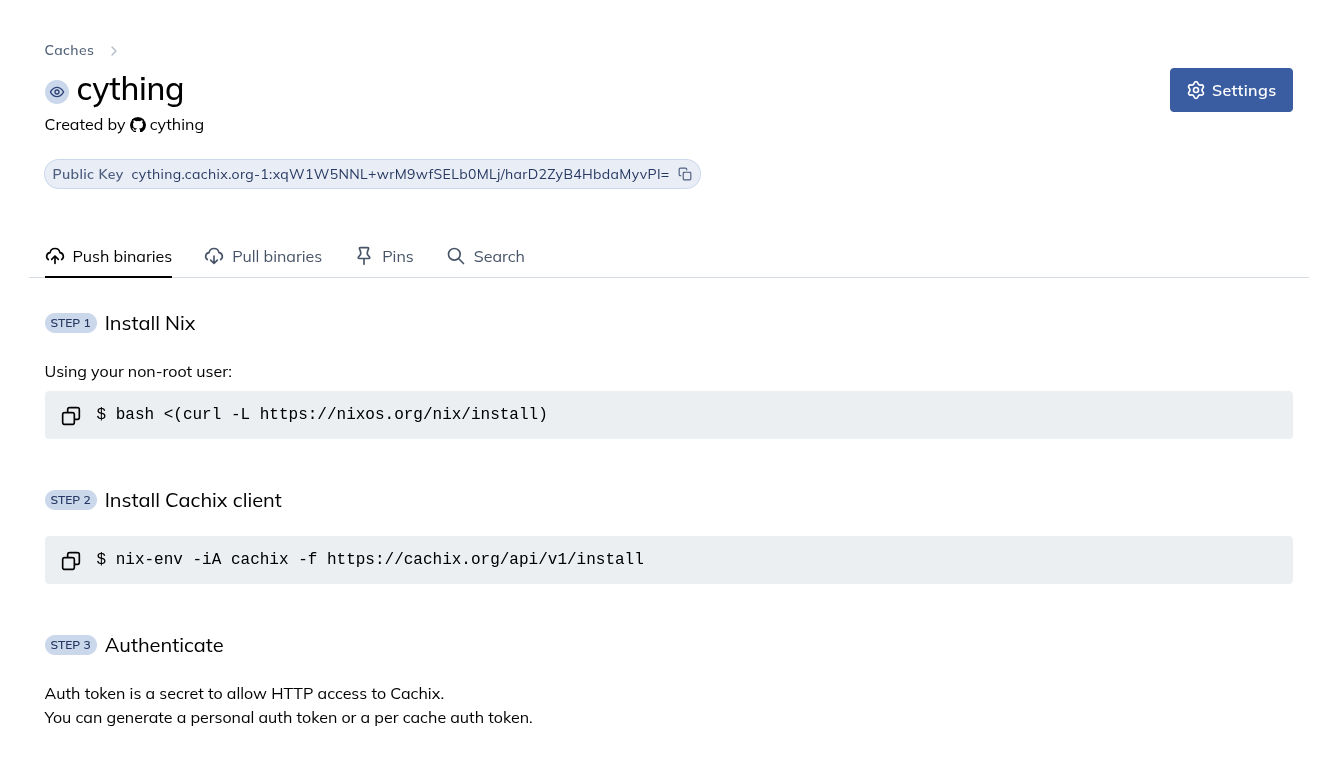 cachix homepage showing a public key for my cache